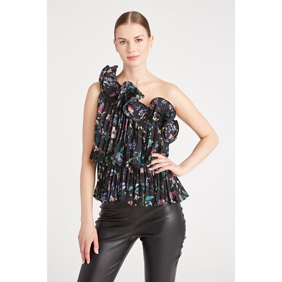 AMUR Isador Asymmetrical Ruffle Top Black Dreamy Wildflower Womens Size 14 - Picture 1 of 12
